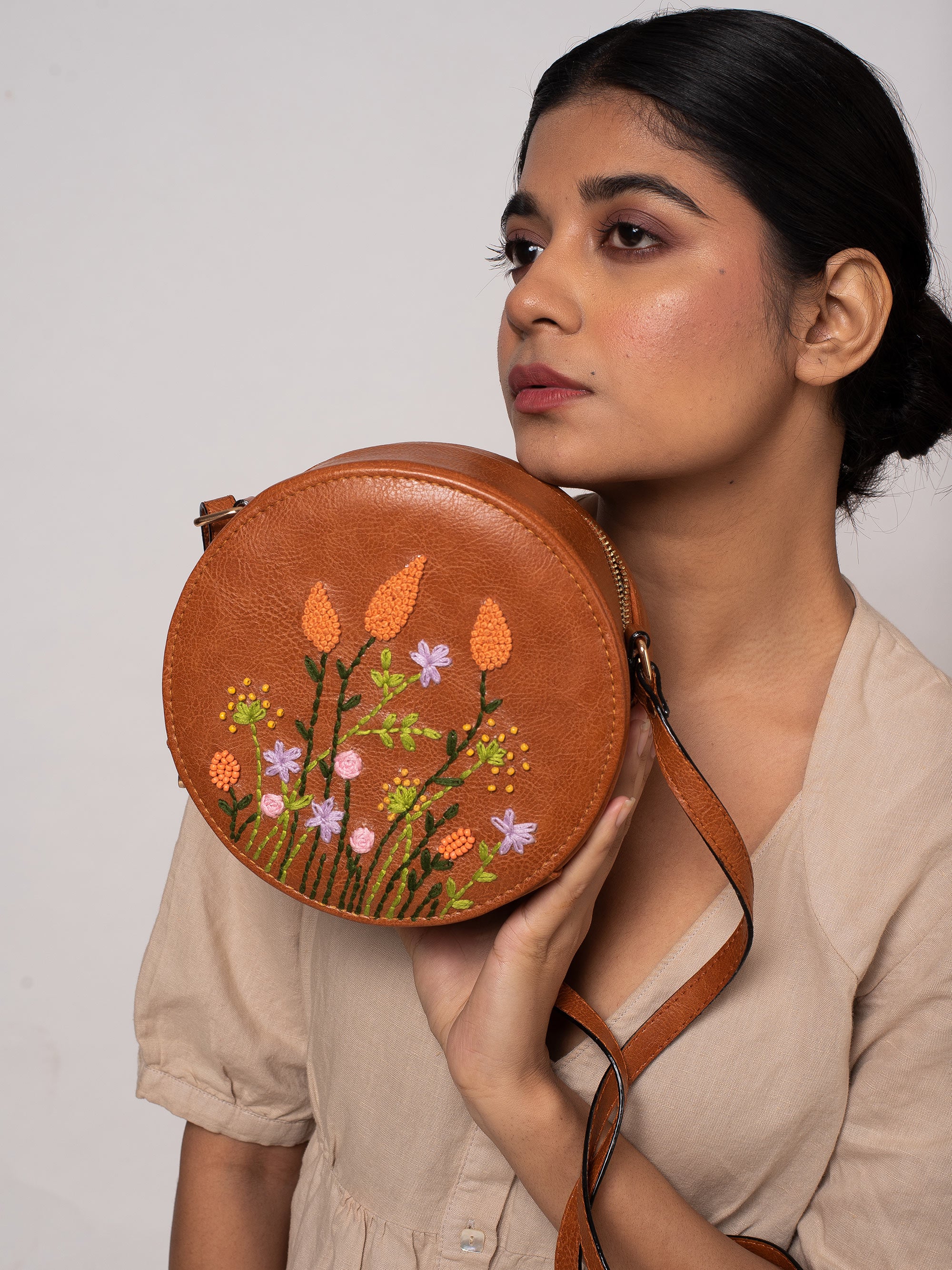 Hand Embroidered Peach Cornfield Round Sling Bag – Miri