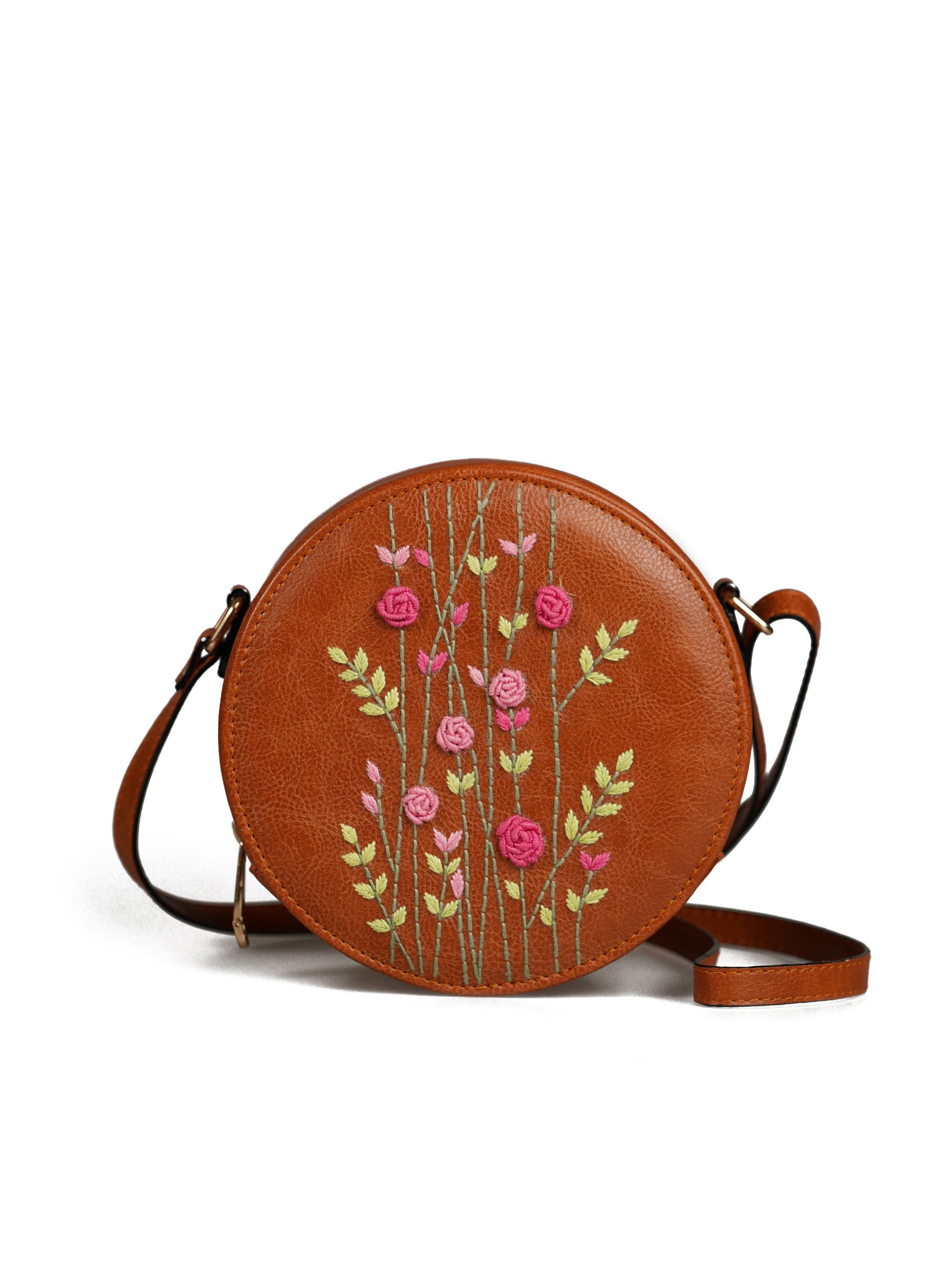 Hand Embroidered Pink Rosebuds Round Sling Bag – Miri